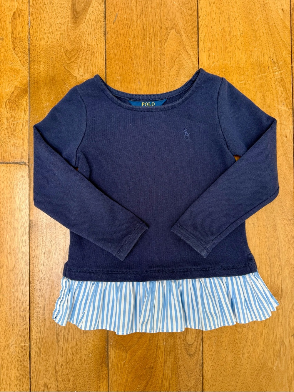 Ralph Lauren Girls Peplum Sweatshirt Top Size 3T Navy Blue Striped Hem